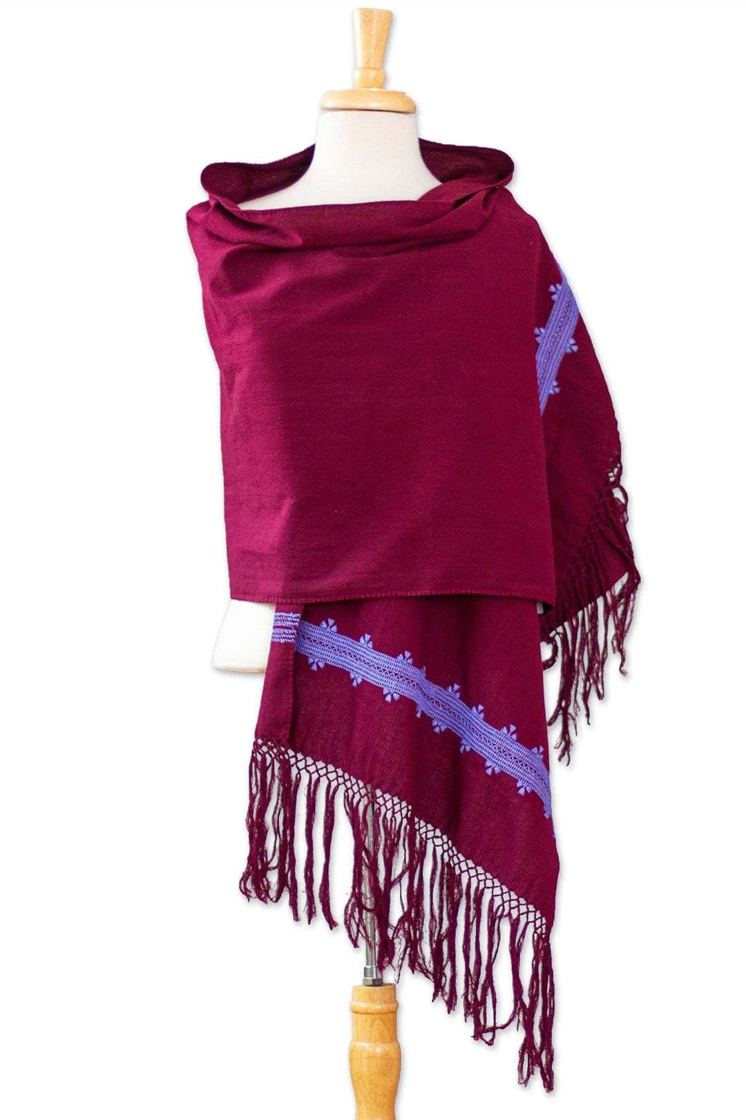 Periwinkle Embroidered Cotton Shawl in a Solid Burgundy Hue - Empress's Periwinkle Spirit