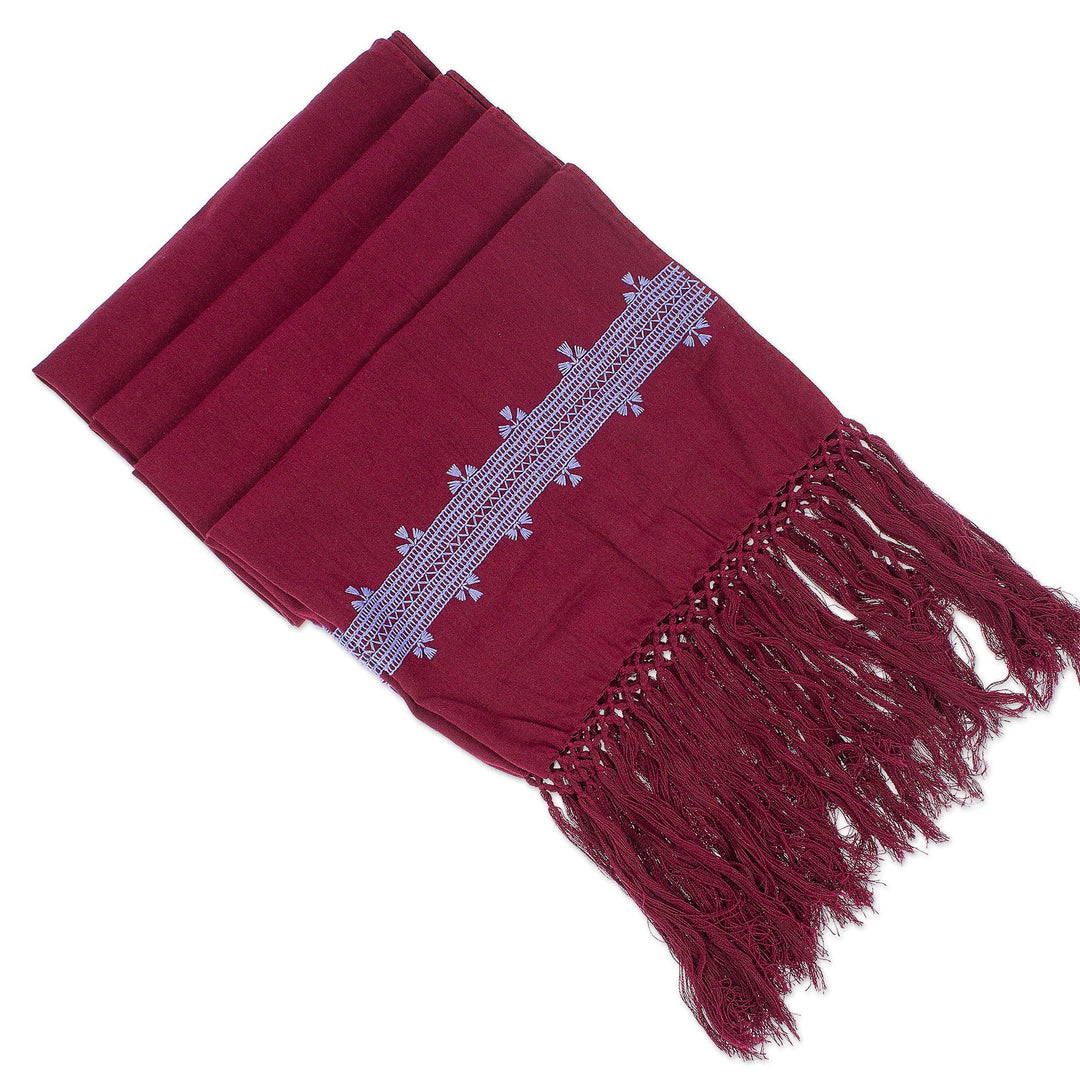 Periwinkle Embroidered Cotton Shawl in a Solid Burgundy Hue - Empress's Periwinkle Spirit