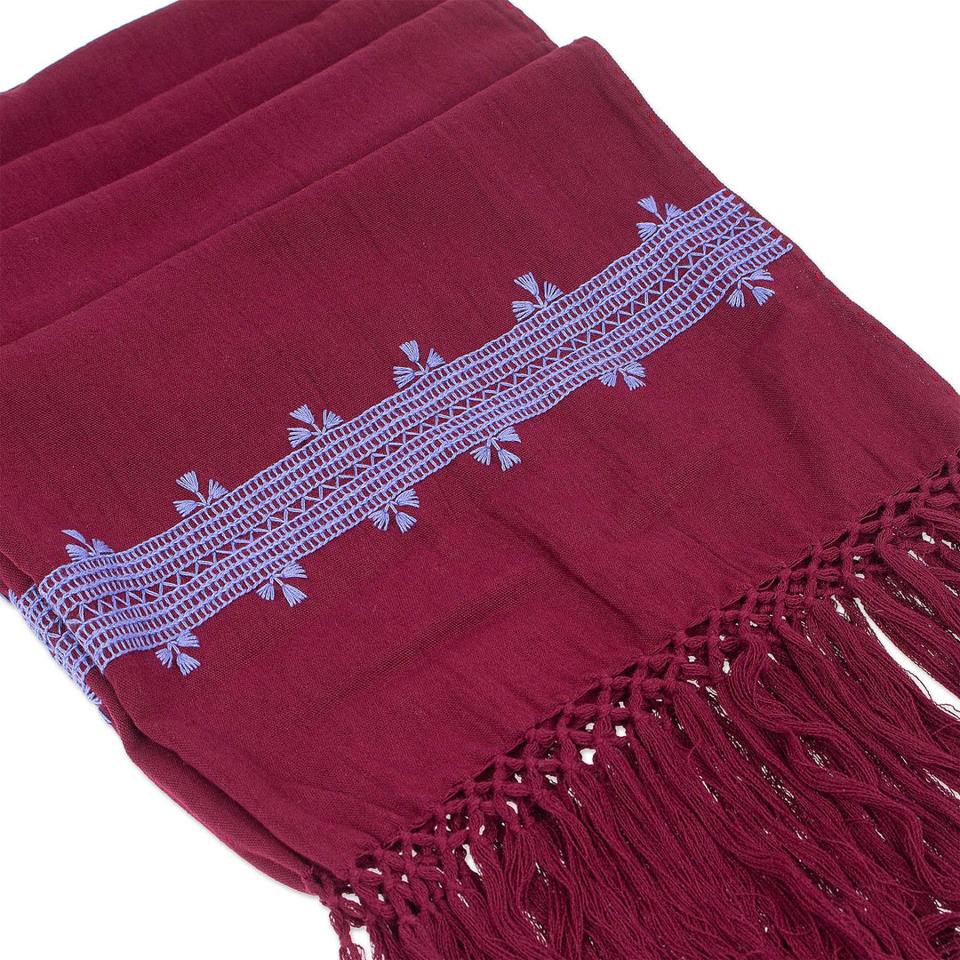 Periwinkle Embroidered Cotton Shawl in a Solid Burgundy Hue - Empress's Periwinkle Spirit