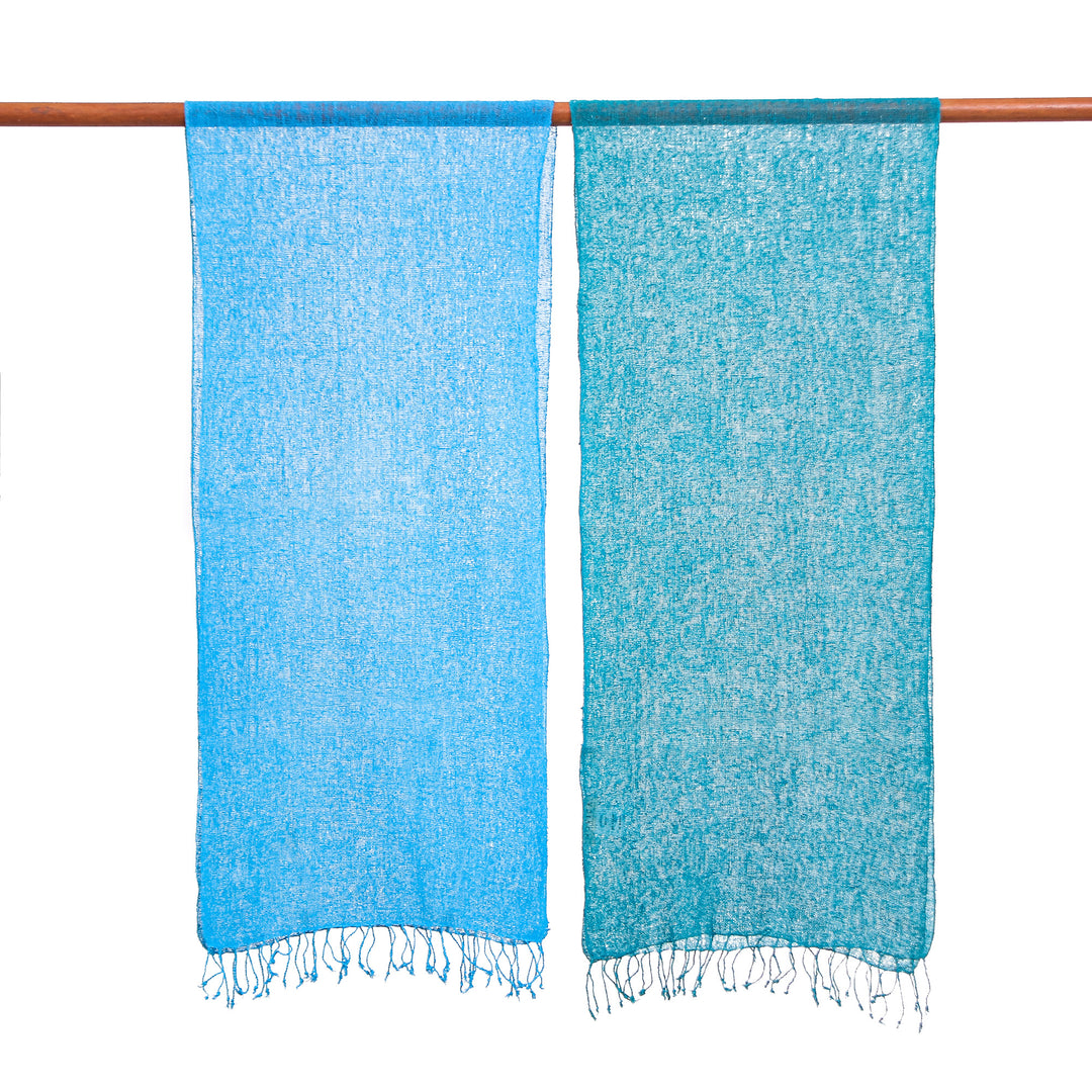 Set of 2 Ocean-Inspired Teal and Cyan Cotton Scarves - Teal and Cyan Tides