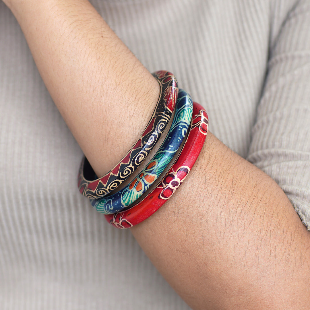 Set of 3 Colorful Floral Batik Wadang Wood Bangle Bracelets - Spring Trinity