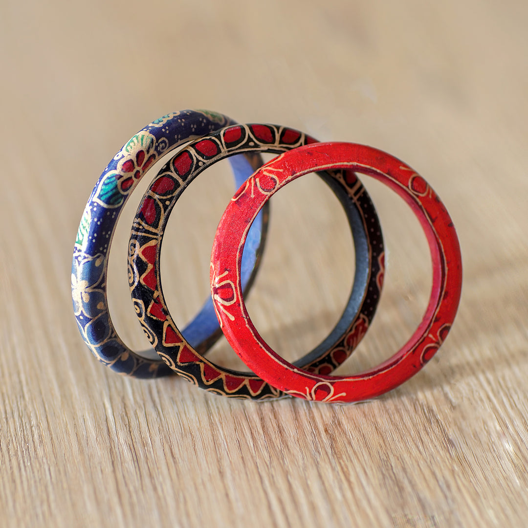 Set of 3 Colorful Floral Batik Wadang Wood Bangle Bracelets - Spring Trinity