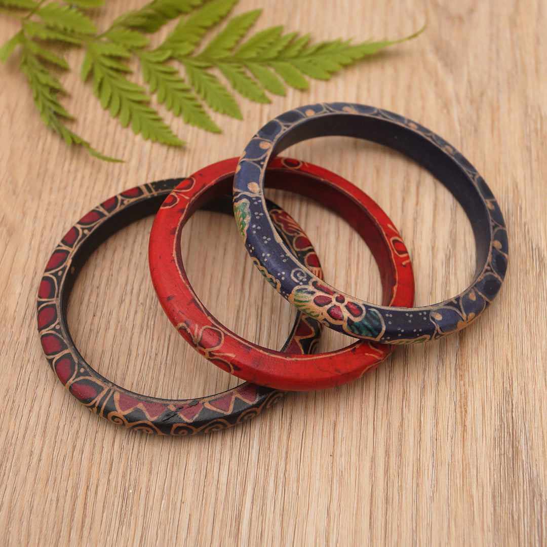Set of 3 Colorful Floral Batik Wadang Wood Bangle Bracelets - Spring Trinity