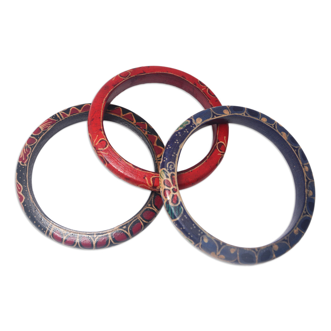 Set of 3 Colorful Floral Batik Wadang Wood Bangle Bracelets - Spring Trinity