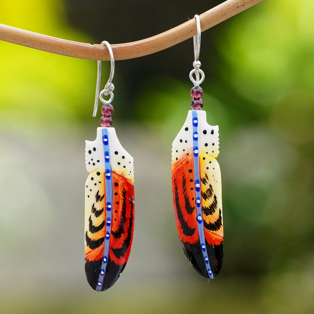 Handcrafted Red Feather Dangle Earrings with Garnet Beads - Courage Feathers