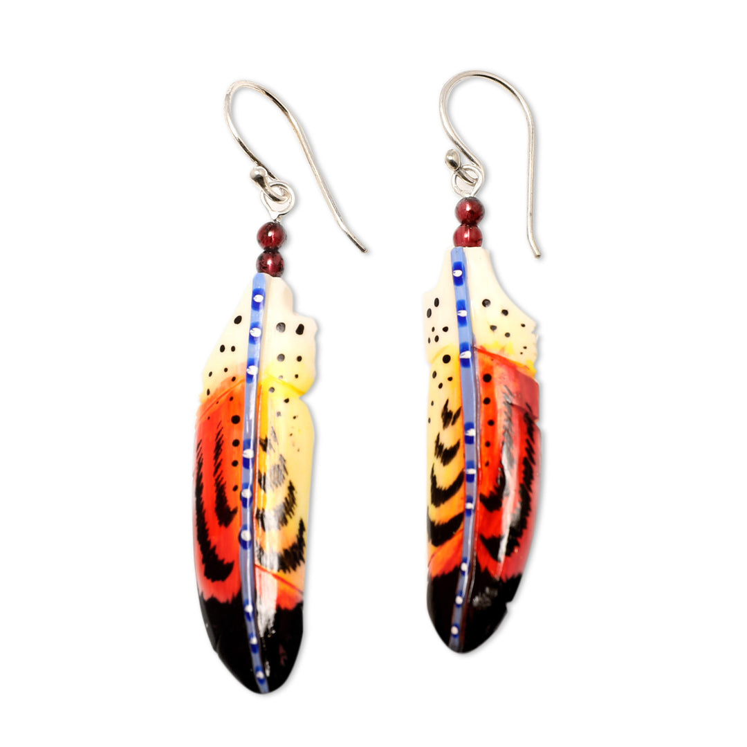 Handcrafted Red Feather Dangle Earrings with Garnet Beads - Courage Feathers