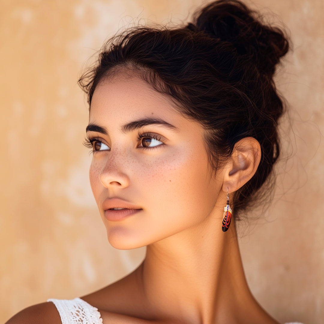 Handcrafted Red Feather Dangle Earrings with Garnet Beads - Courage Feathers