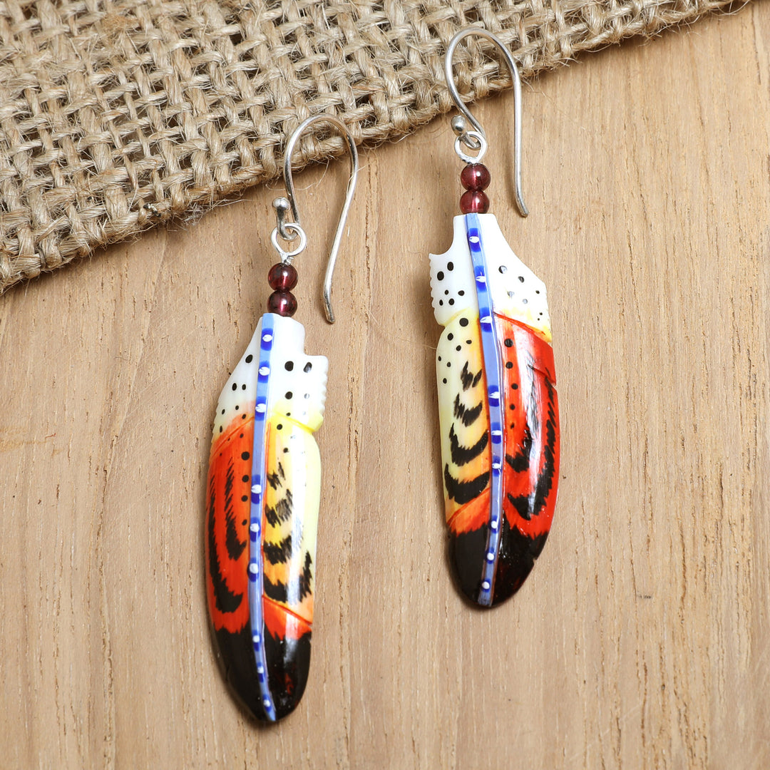 Handcrafted Red Feather Dangle Earrings with Garnet Beads - Courage Feathers