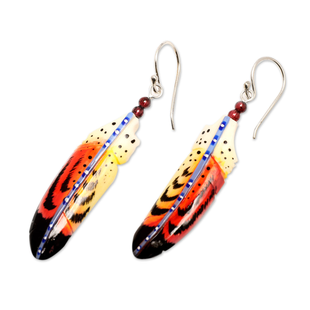 Handcrafted Red Feather Dangle Earrings with Garnet Beads - Courage Feathers