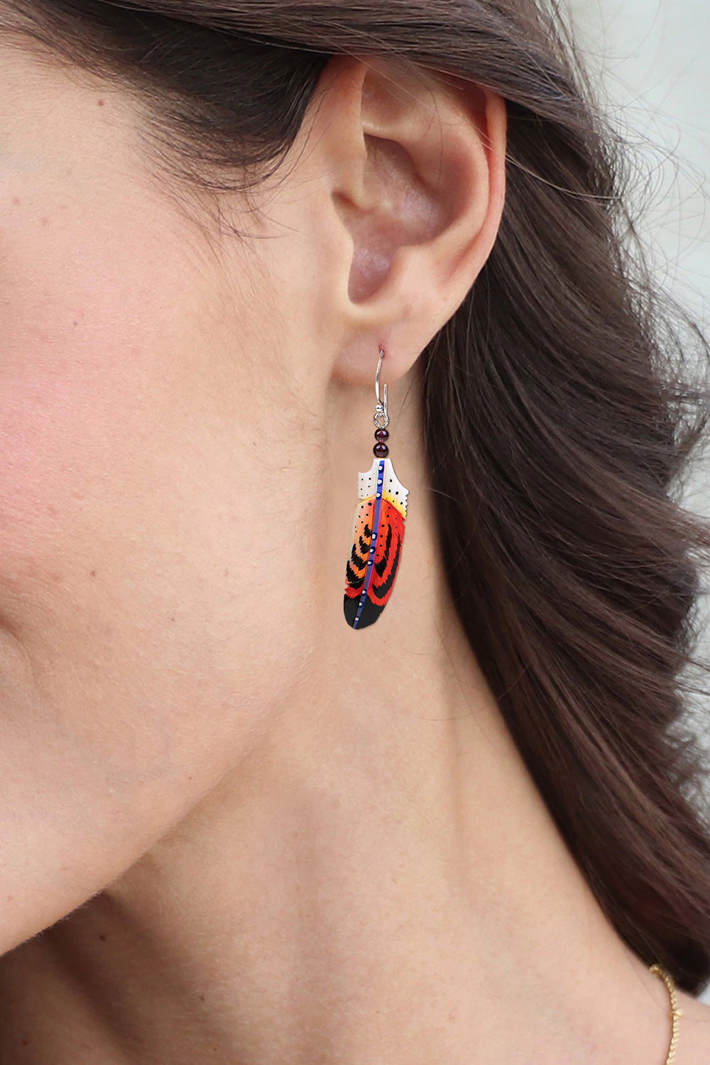 Handcrafted Red Feather Dangle Earrings with Garnet Beads - Courage Feathers