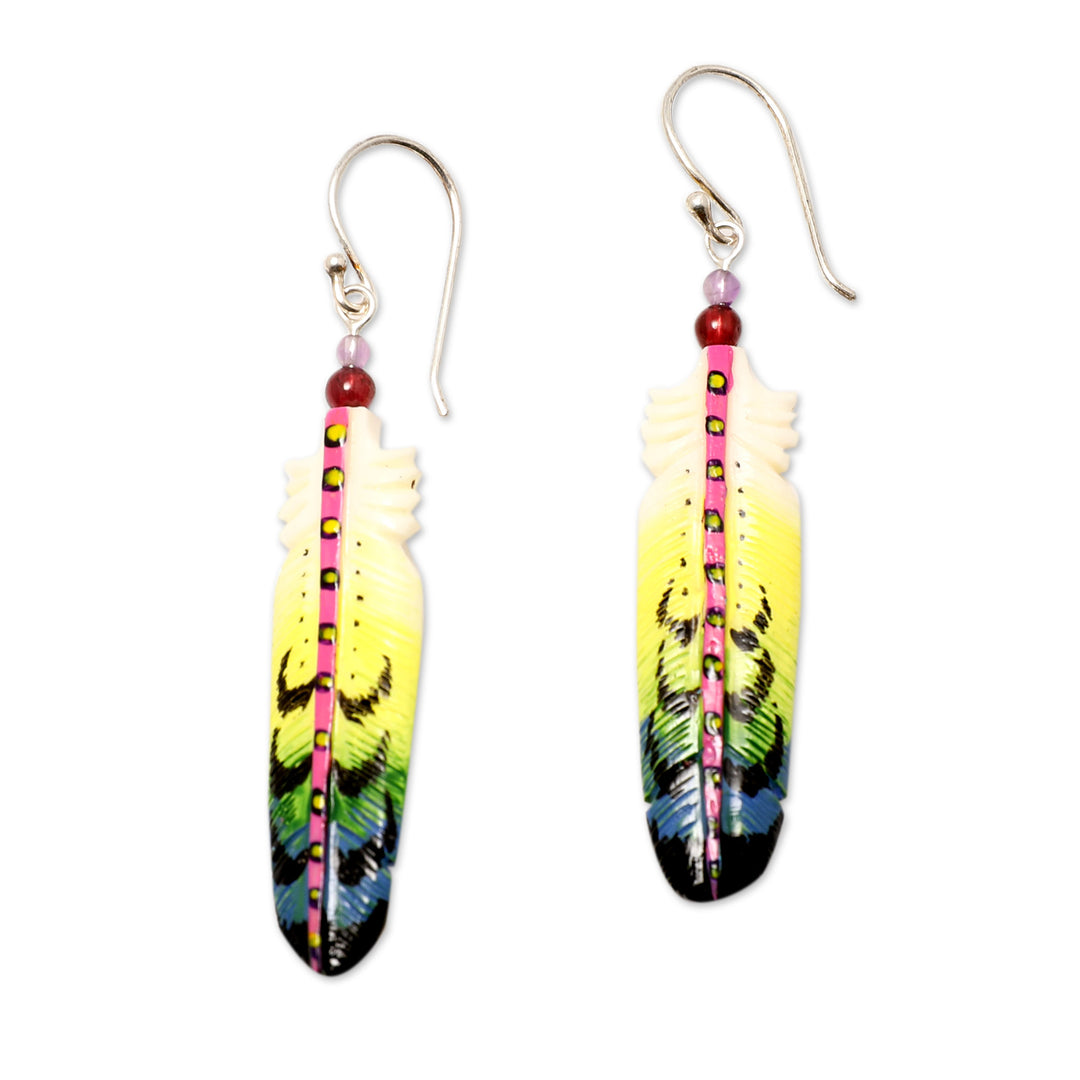 Handcrafted Feather Dangle Earrings with Amethyst and Garnet - Hope Feathers