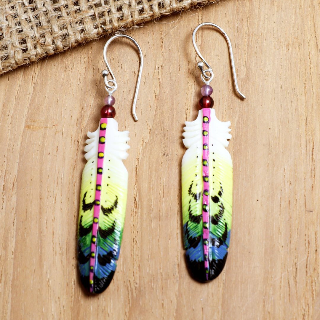 Handcrafted Feather Dangle Earrings with Amethyst and Garnet - Hope Feathers