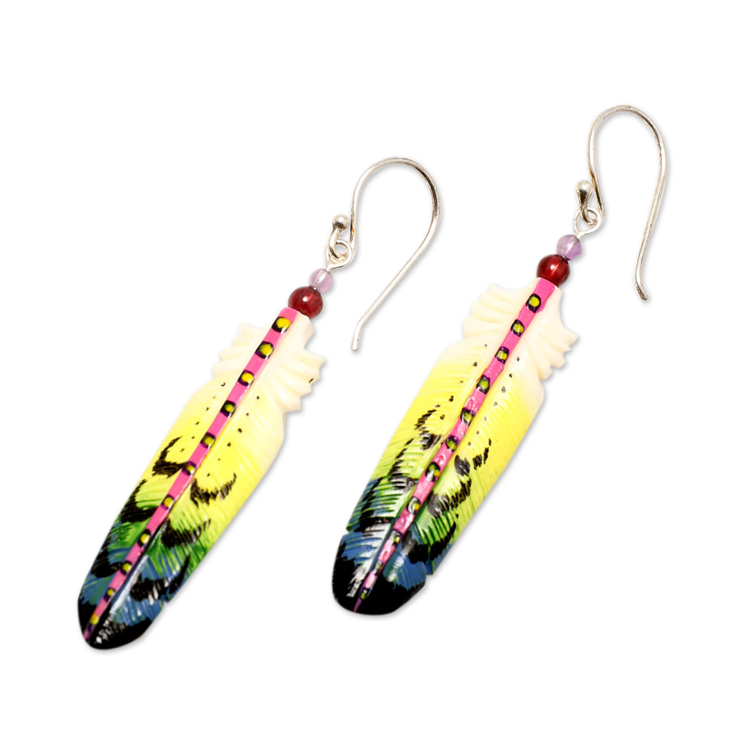 Handcrafted Feather Dangle Earrings with Amethyst and Garnet - Hope Feathers