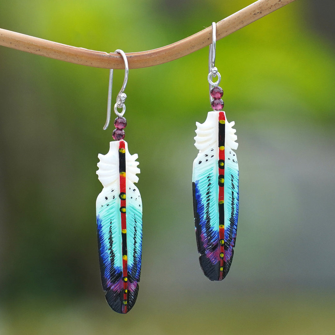 Handcrafted Blue Feather Dangle Earrings with Garnet Beads - Intuition Feathers