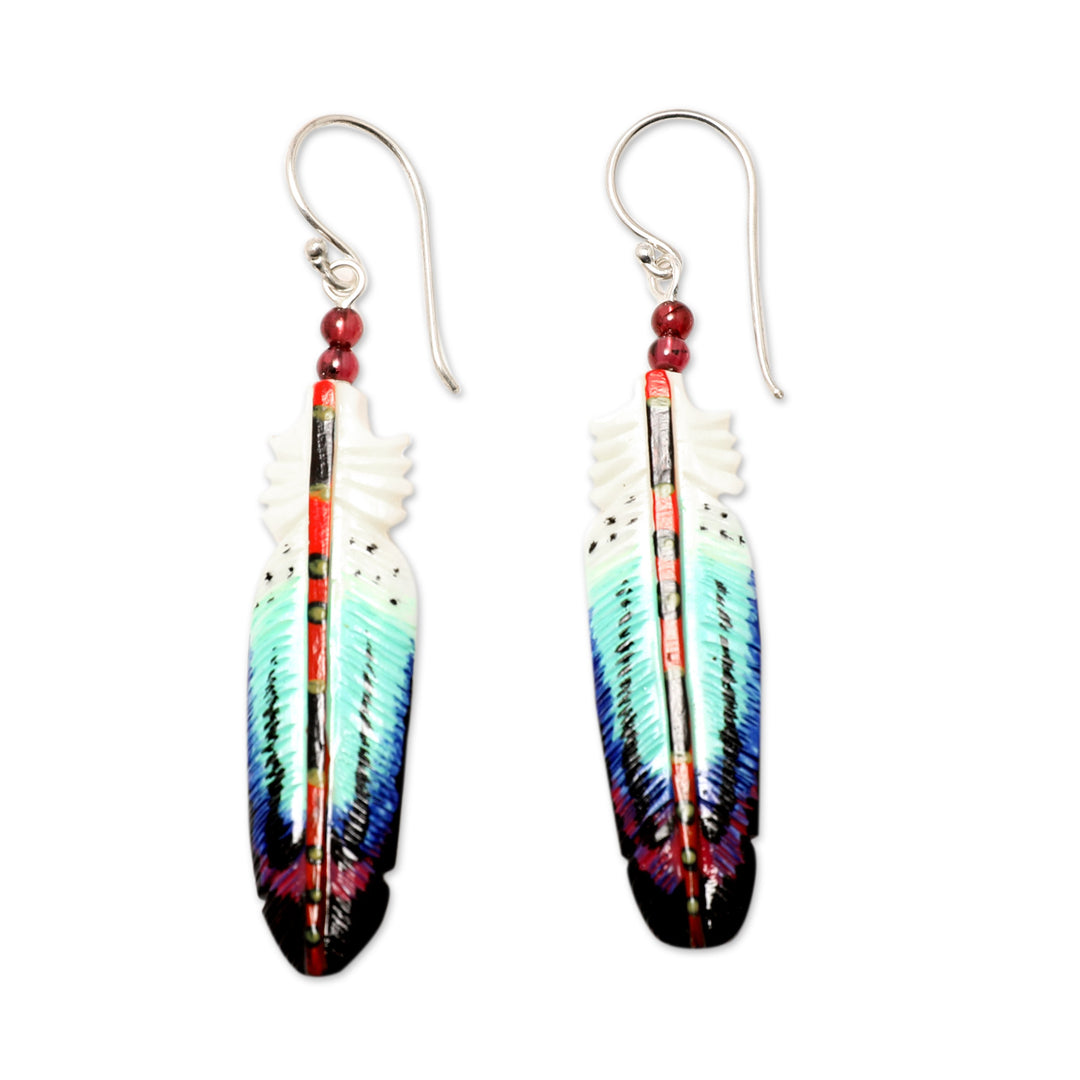 Handcrafted Blue Feather Dangle Earrings with Garnet Beads - Intuition Feathers
