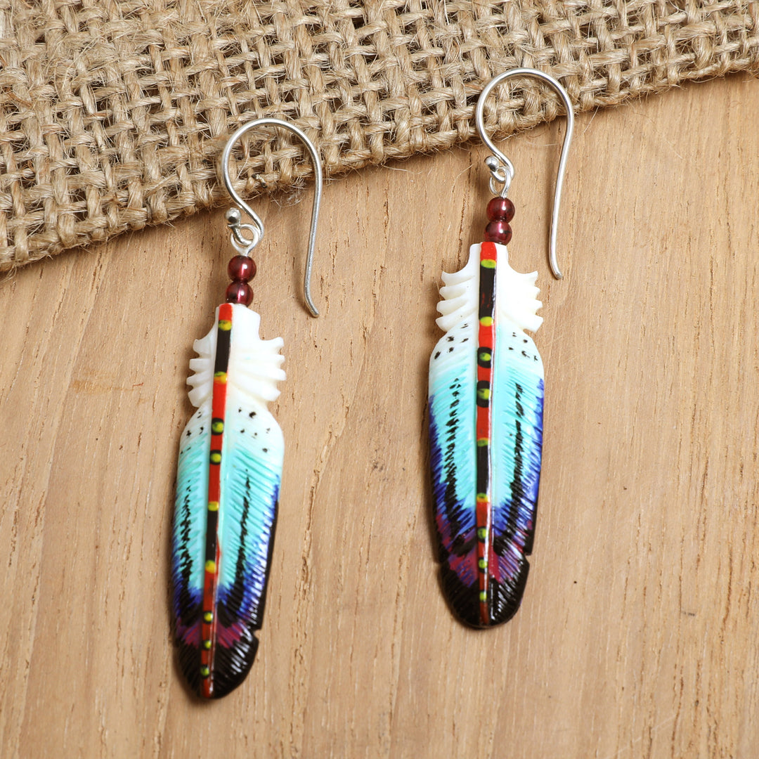 Handcrafted Blue Feather Dangle Earrings with Garnet Beads - Intuition Feathers