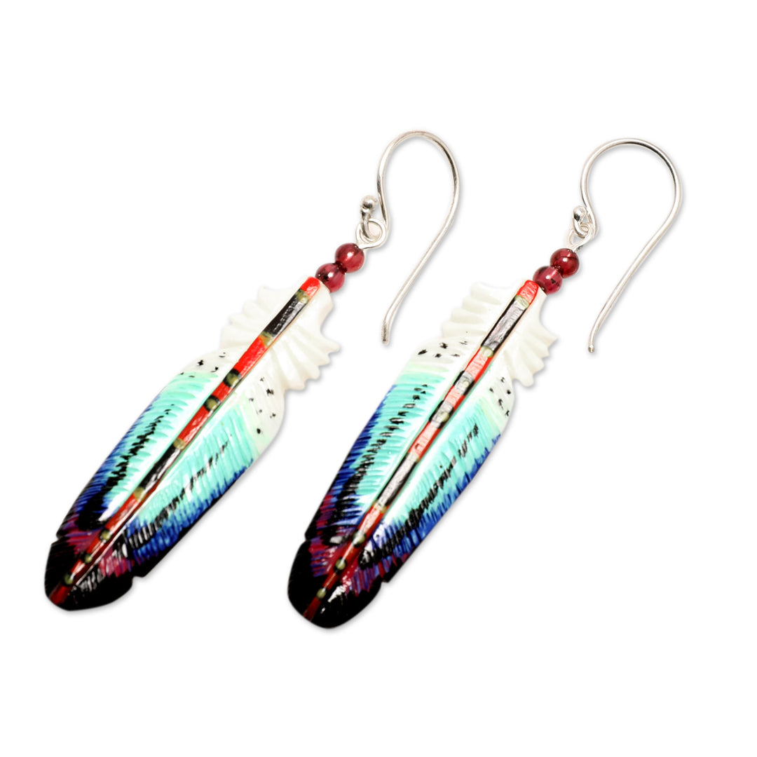 Handcrafted Blue Feather Dangle Earrings with Garnet Beads - Intuition Feathers