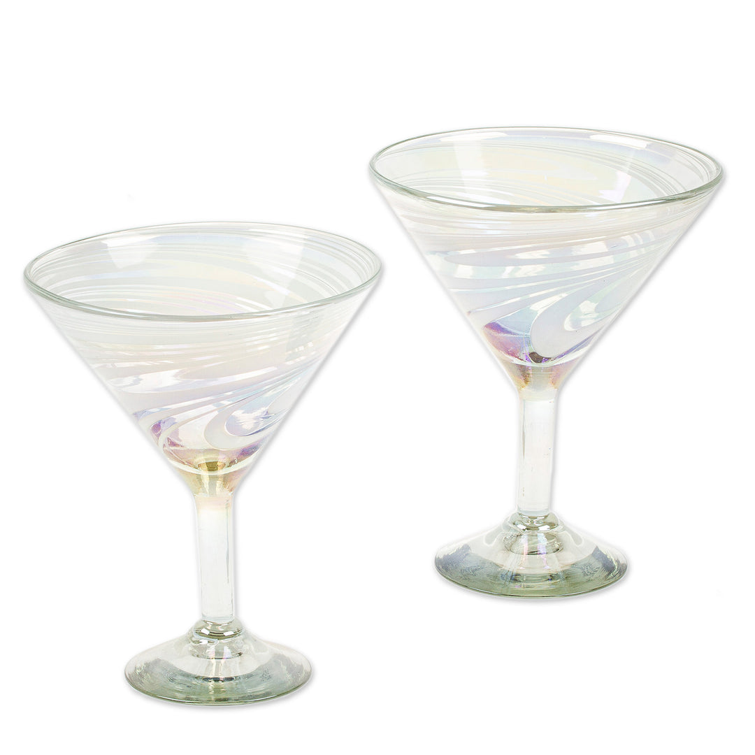 Set of 2 White Handblown Martini Glasses from Mexico - Whirling White