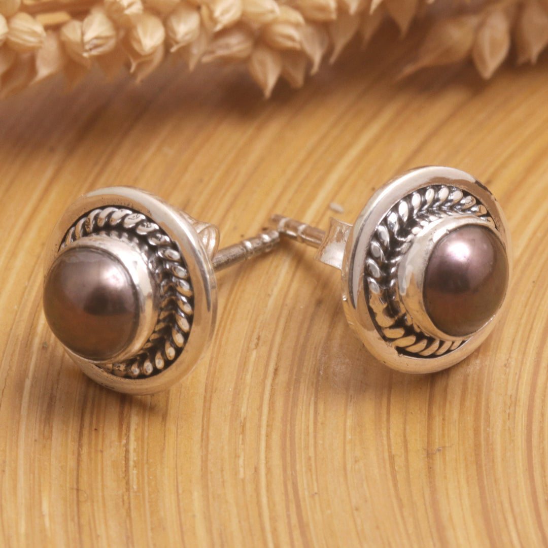 Sterling Silver Stud Earrings with Brown Cultured Pearls - Perfect Shield