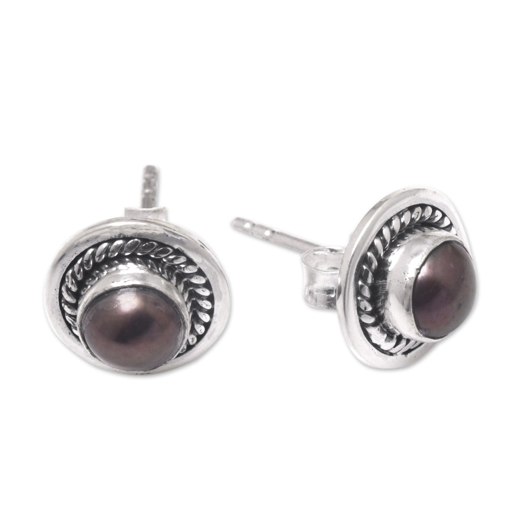 Sterling Silver Stud Earrings with Brown Cultured Pearls - Perfect Shield