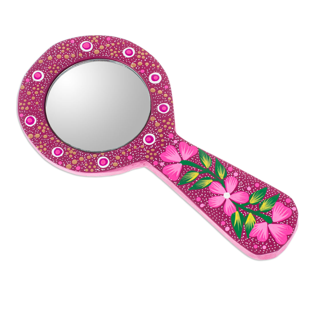 Handmade Magenta Copal Wood Hand Mirror with Floral Motifs - Magenta Petals