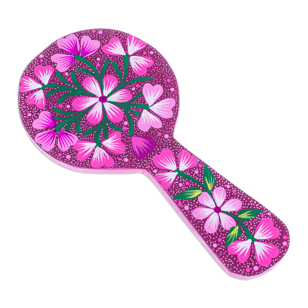 Handmade Magenta Copal Wood Hand Mirror with Floral Motifs - Magenta Petals