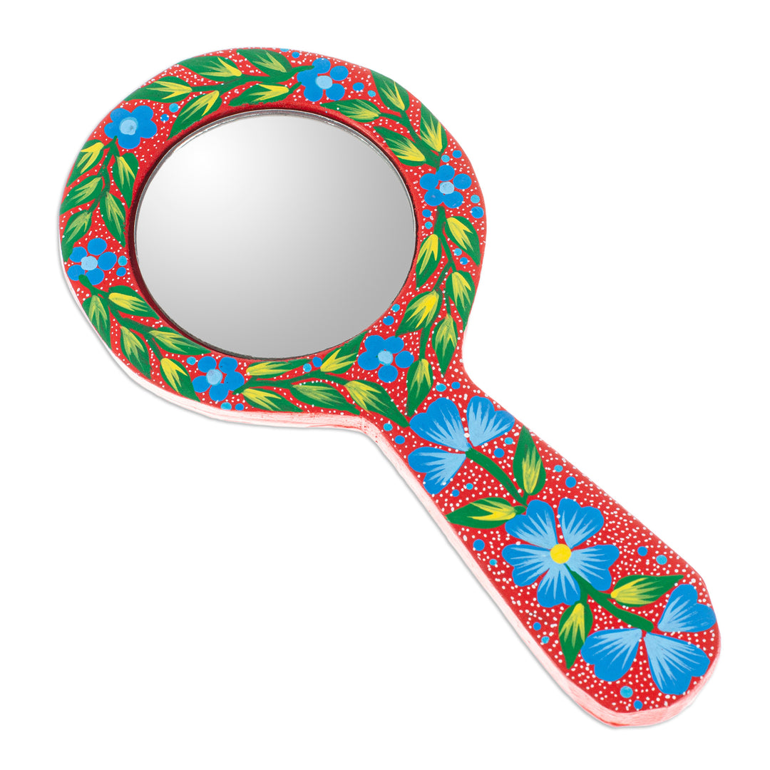 Hand-Painted Leafy and Floral Copal Wood Hand Mirror in Red - Leafy Red