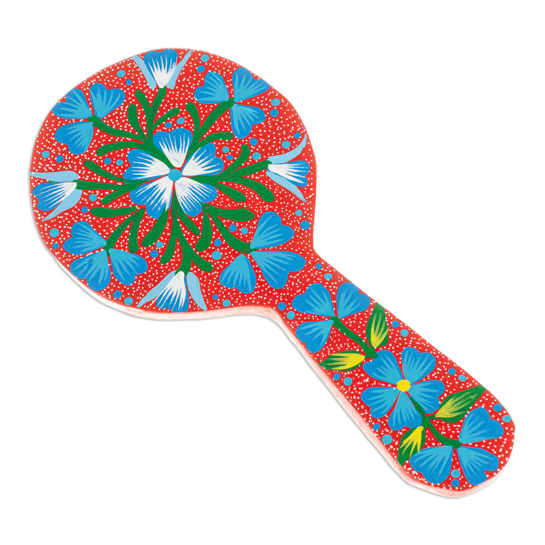 Hand-Painted Leafy and Floral Copal Wood Hand Mirror in Red - Leafy Red