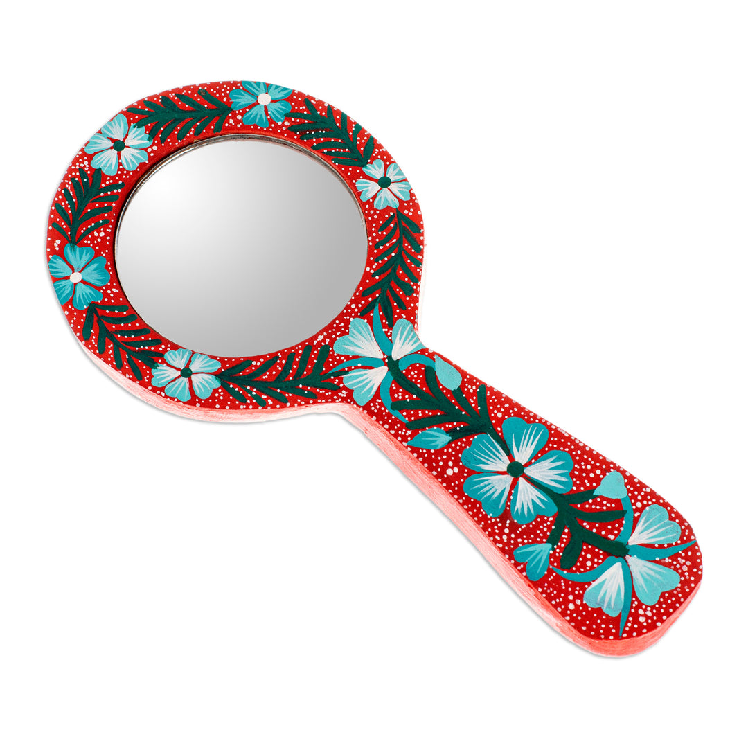 Traditional Painted Floral Copal Wood Hand Mirror in Crimson - Primaveral Crimson