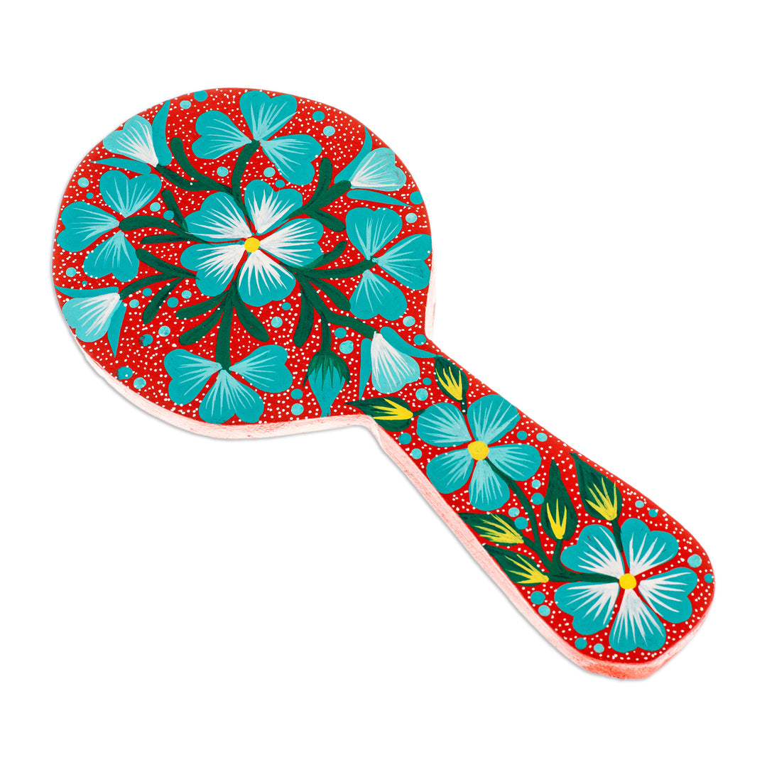 Traditional Painted Floral Copal Wood Hand Mirror in Crimson - Primaveral Crimson
