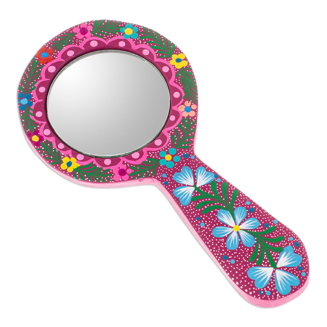 Classic Painted Floral Copal Wood Hand Mirror in Mulberry - Primaveral Mulberry