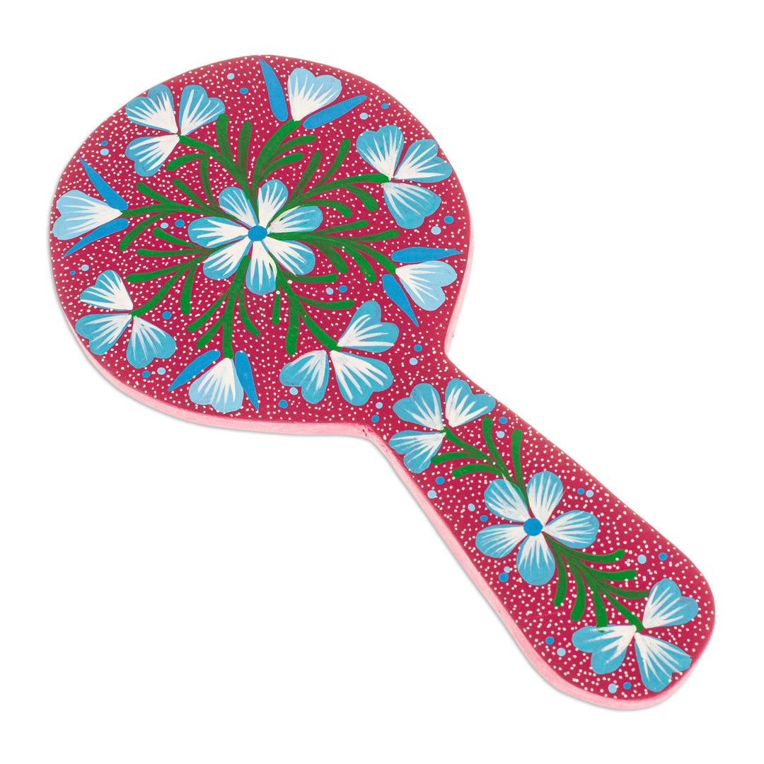 Classic Painted Floral Copal Wood Hand Mirror in Mulberry - Primaveral Mulberry