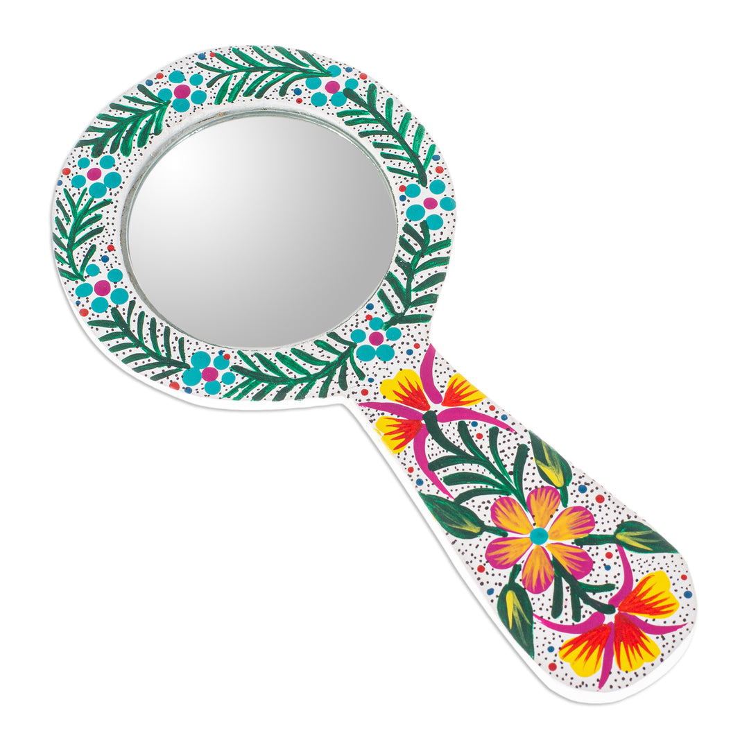 Traditional Painted Floral Copal Wood Hand Mirror in White - Primaveral Light