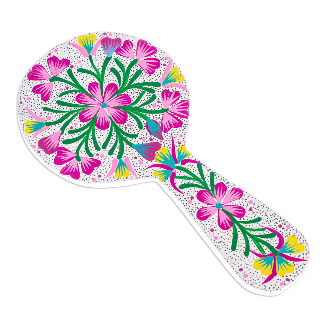 Traditional Painted Floral Copal Wood Hand Mirror in White - Primaveral Light