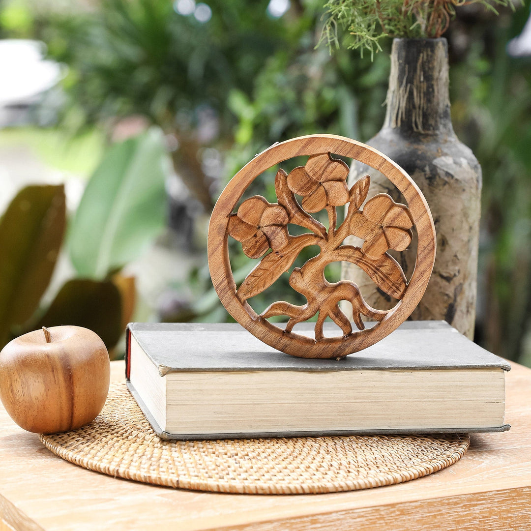 Hand-Carved Frangipani-Themed Suar Wood Relief Panel - Little Frangipani