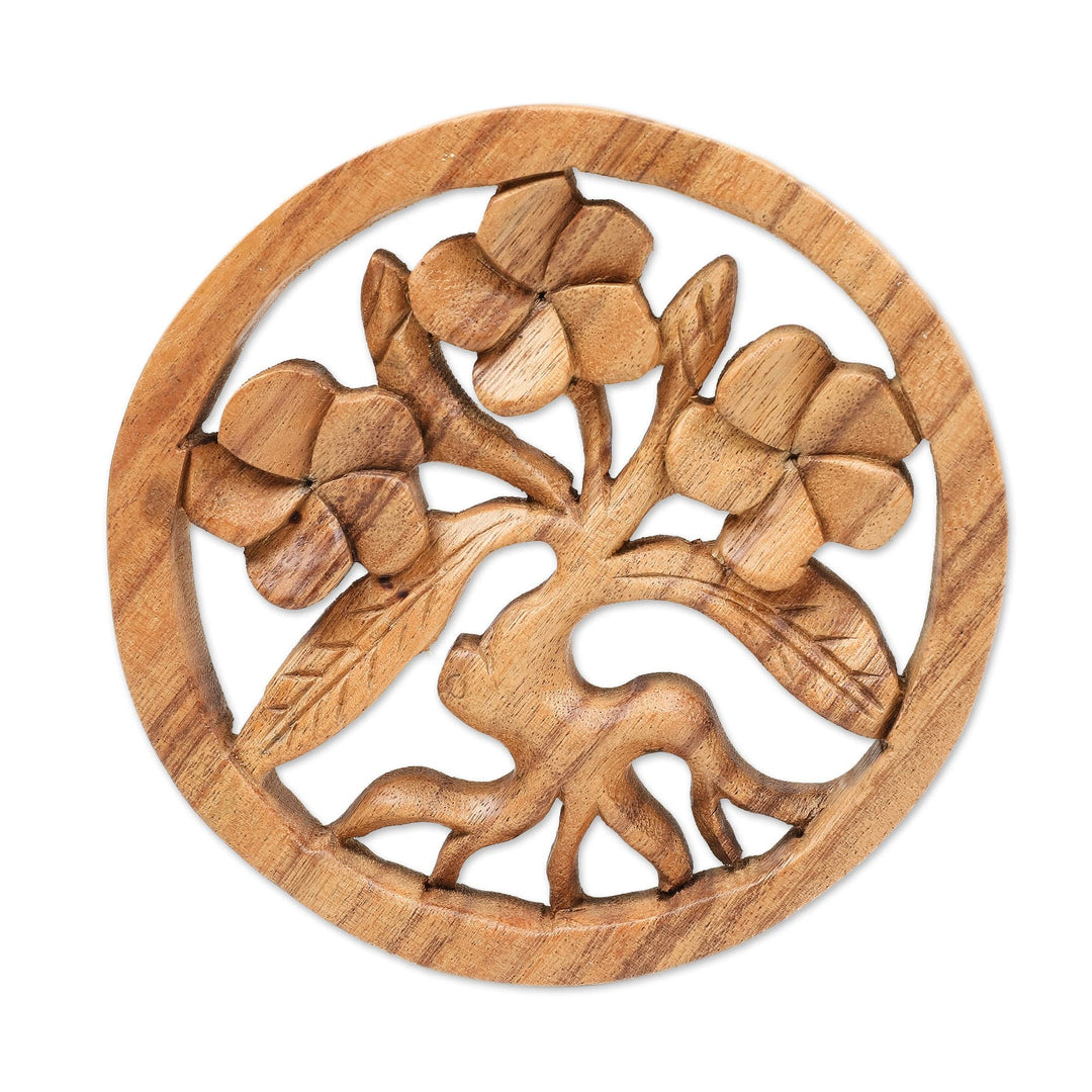 Hand-Carved Frangipani-Themed Suar Wood Relief Panel - Little Frangipani