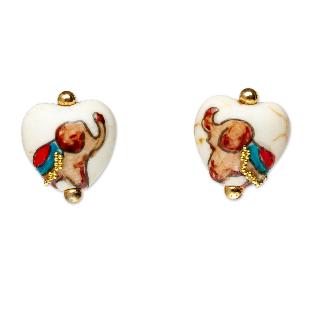 14k Gold-Accented Howlite Stud Earrings with Elephant Motifs - Golden Trunks
