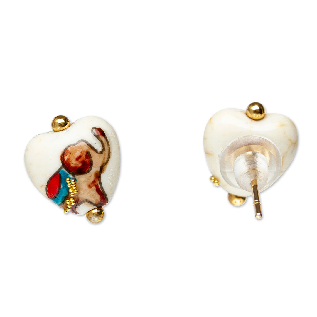 14k Gold-Accented Howlite Stud Earrings with Elephant Motifs - Golden Trunks