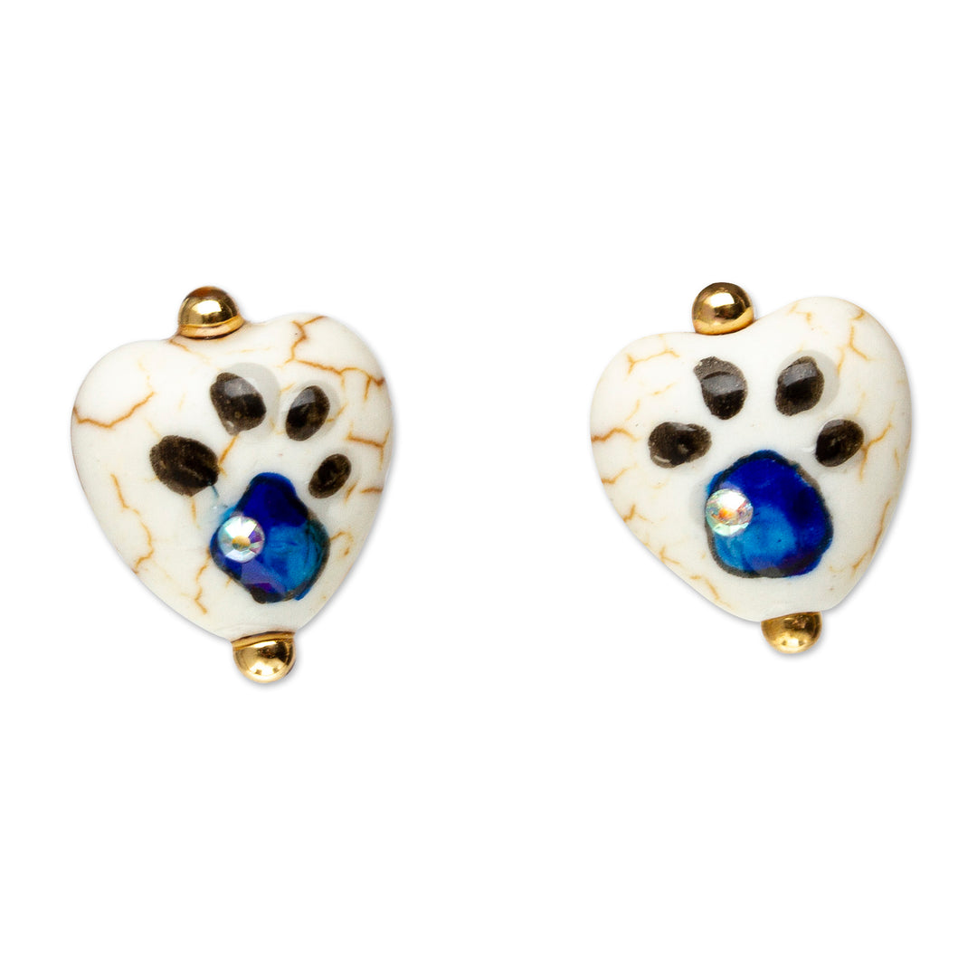 14k Gold-Accented Cyan Heart-Shaped Howlite Stud Earrings - Cyan Paws