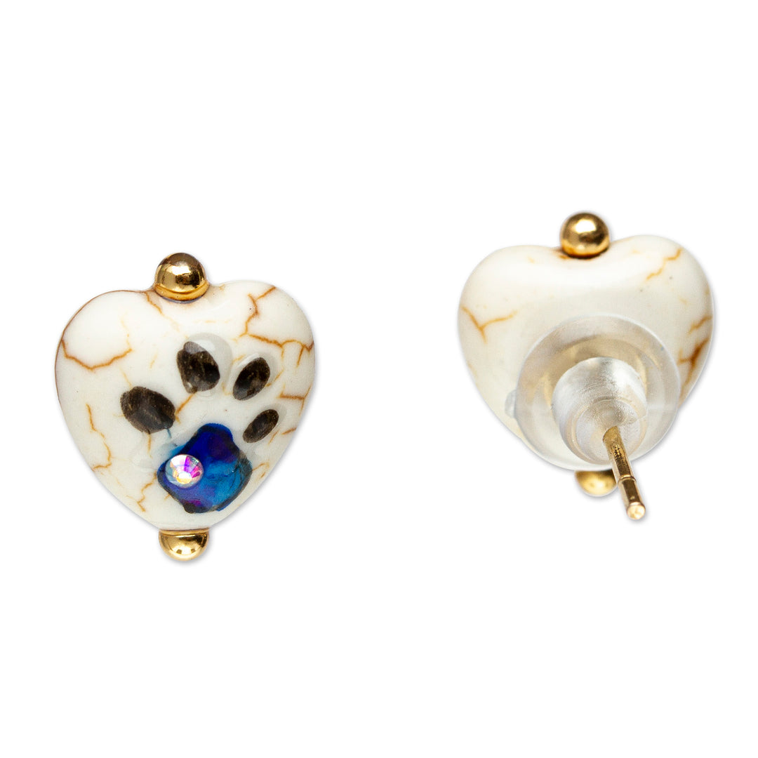 14k Gold-Accented Cyan Heart-Shaped Howlite Stud Earrings - Cyan Paws