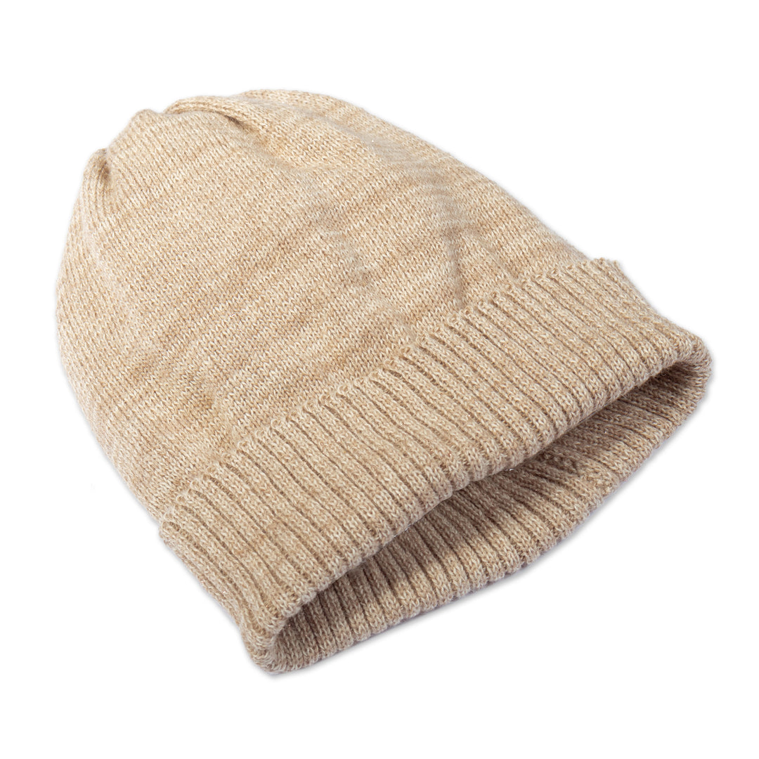 Baby Alpaca Blend and Copper Fiber Hat in Natural Beige Hue - Wintry Beige