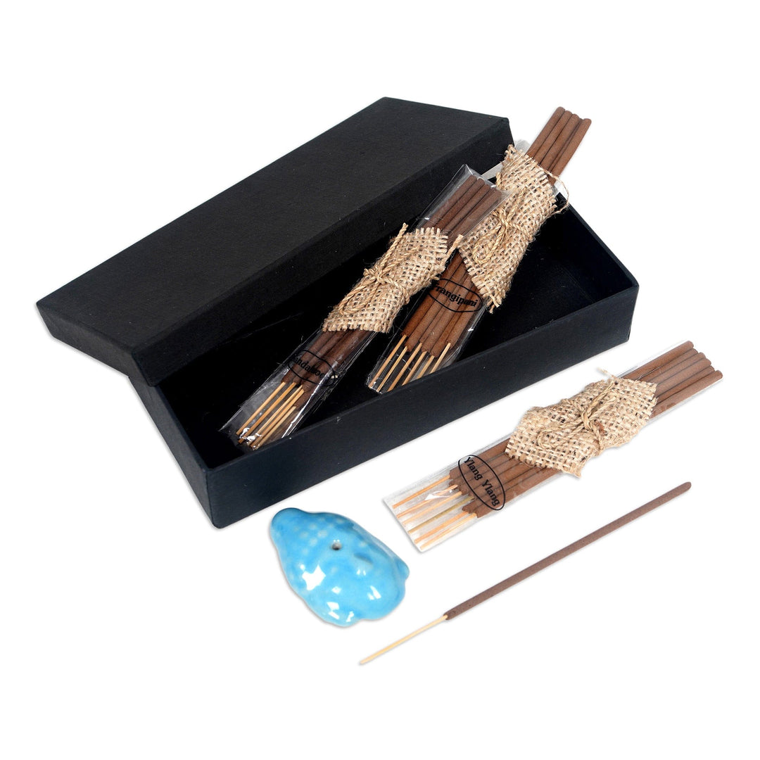 Buddha-Themed Blue Ceramic Incense Set with 18 Sticks - Blue Vesak Celebration