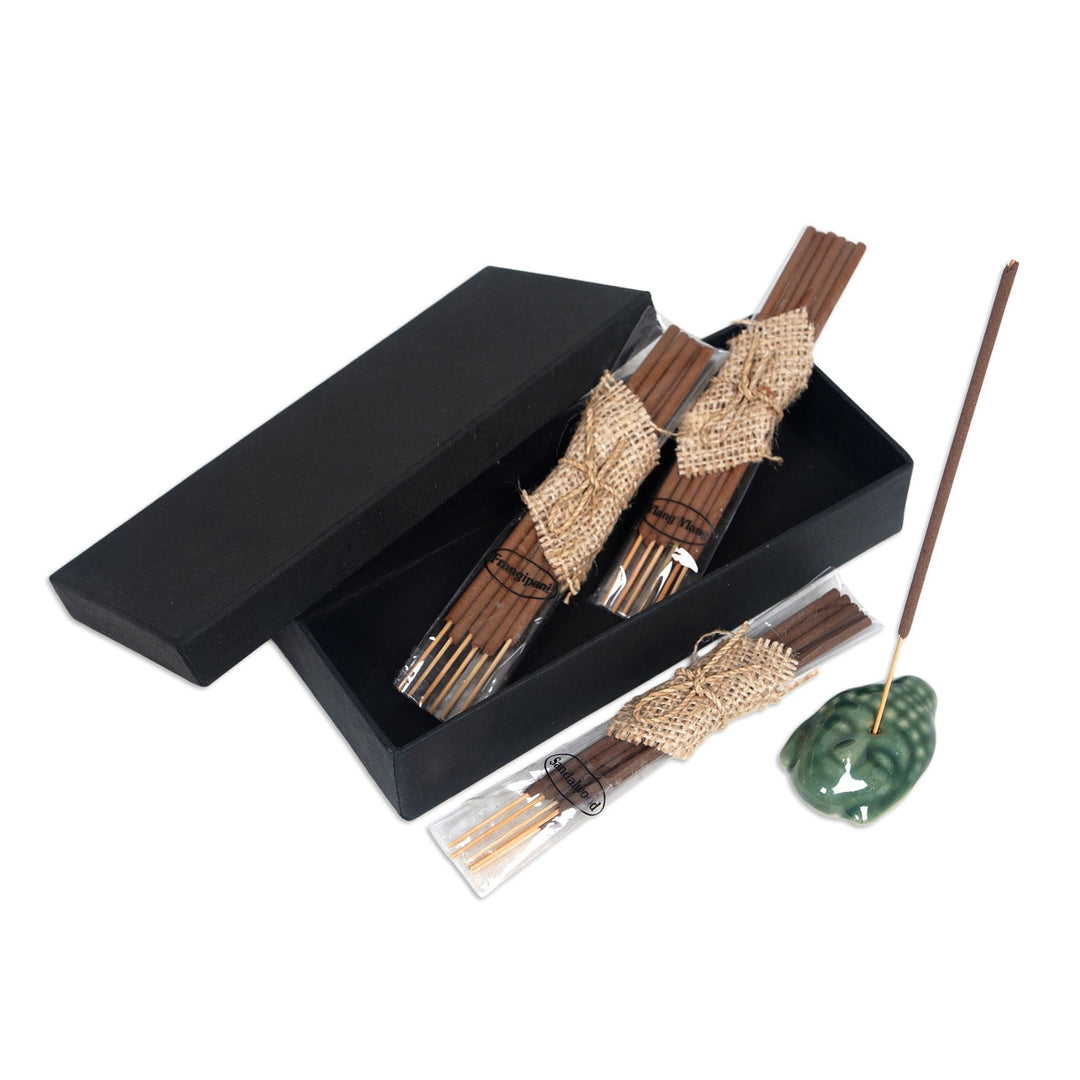 Buddha-Themed Green Ceramic Incense Set with 18 Sticks - Green Vesak Celebration