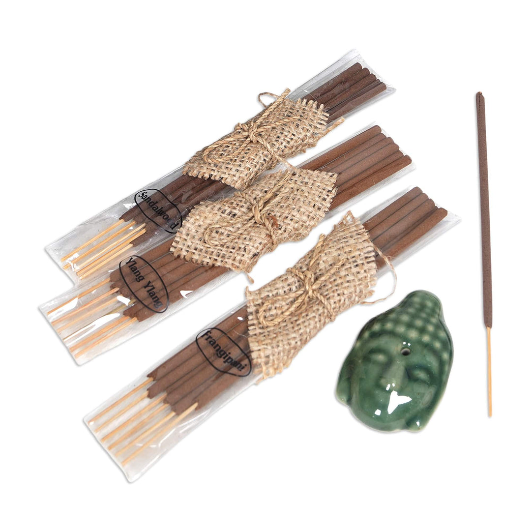 Buddha-Themed Green Ceramic Incense Set with 18 Sticks - Green Vesak Celebration
