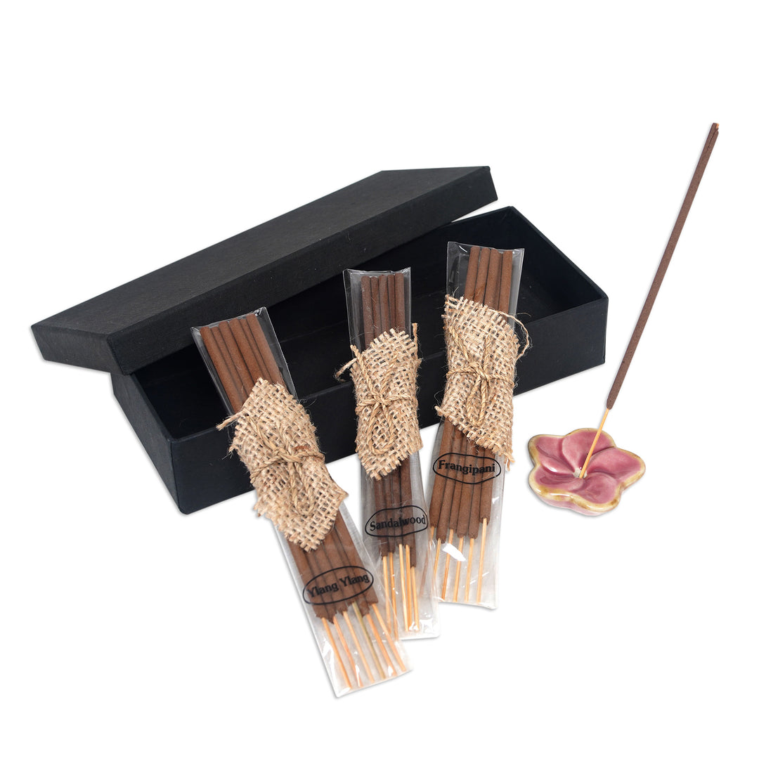 Incense Set with 18 Sticks and a Pink Floral Ceramic Holder - Frangipani Sweetness