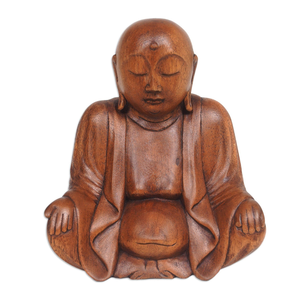 Hand-Carved Suar Wood Bhiksu Monk Sculpture from Indonesia - Meditative Bhiksu