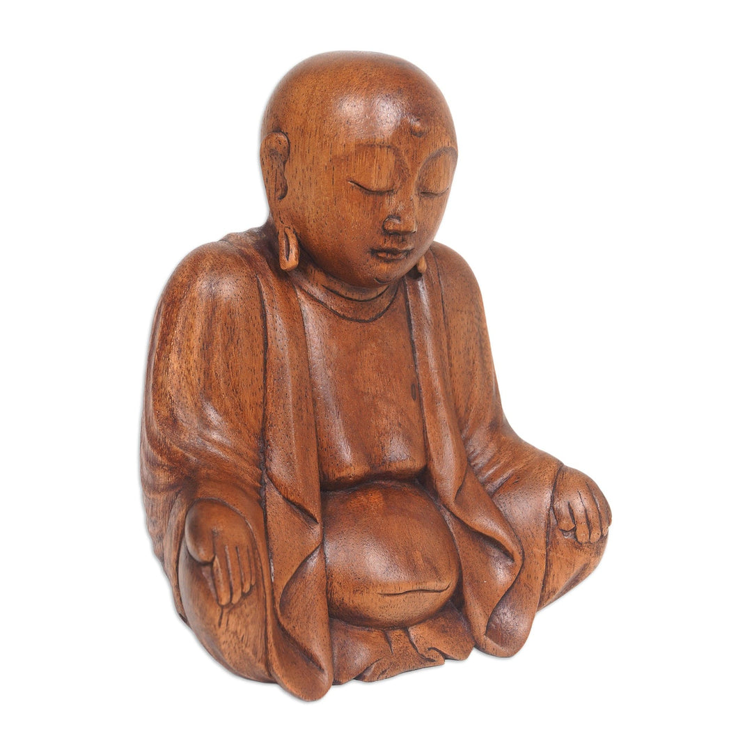 Hand-Carved Suar Wood Bhiksu Monk Sculpture from Indonesia - Meditative Bhiksu