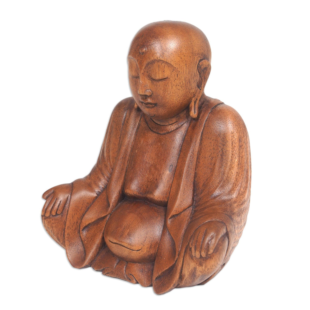 Hand-Carved Suar Wood Bhiksu Monk Sculpture from Indonesia - Meditative Bhiksu