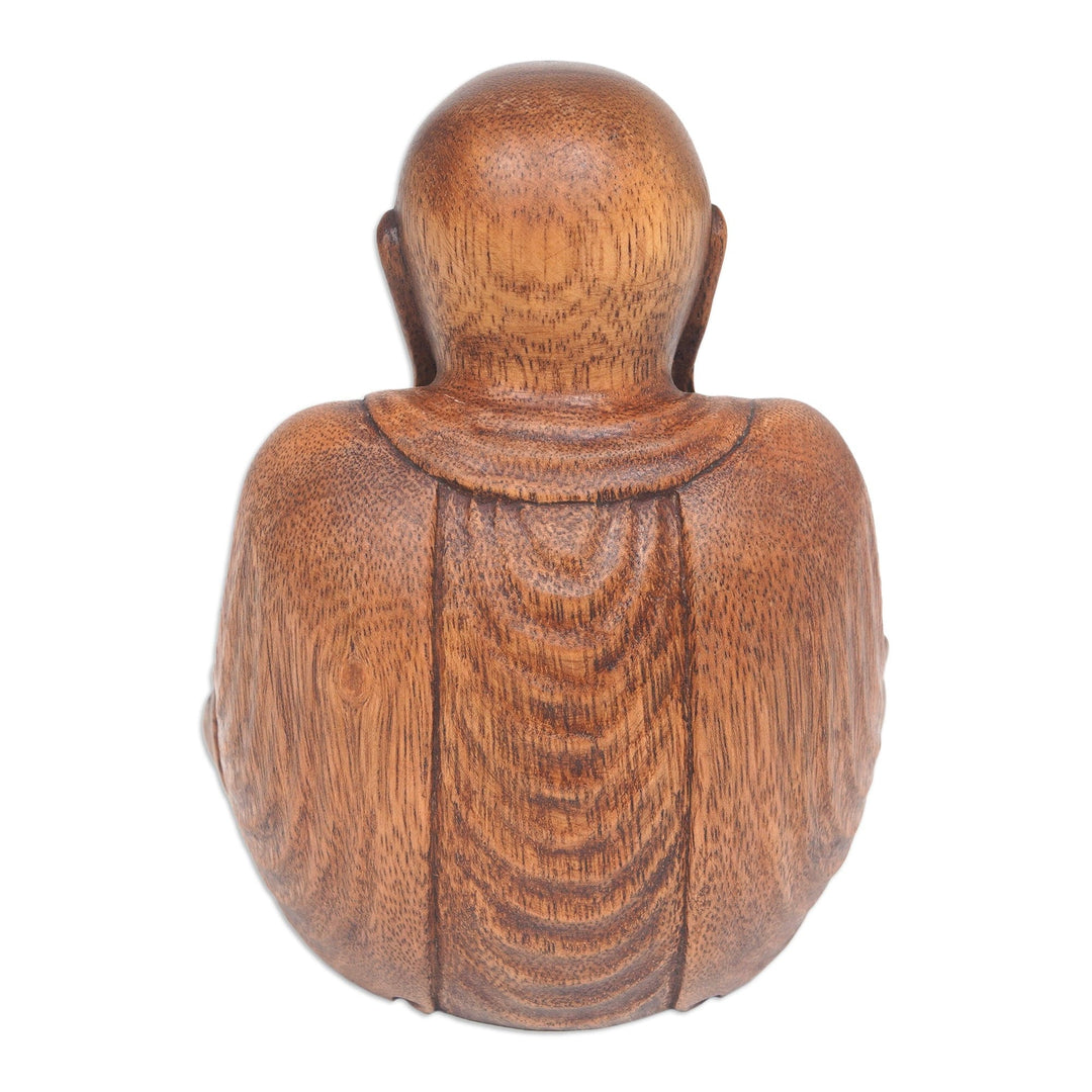 Hand-Carved Suar Wood Bhiksu Monk Sculpture from Indonesia - Meditative Bhiksu