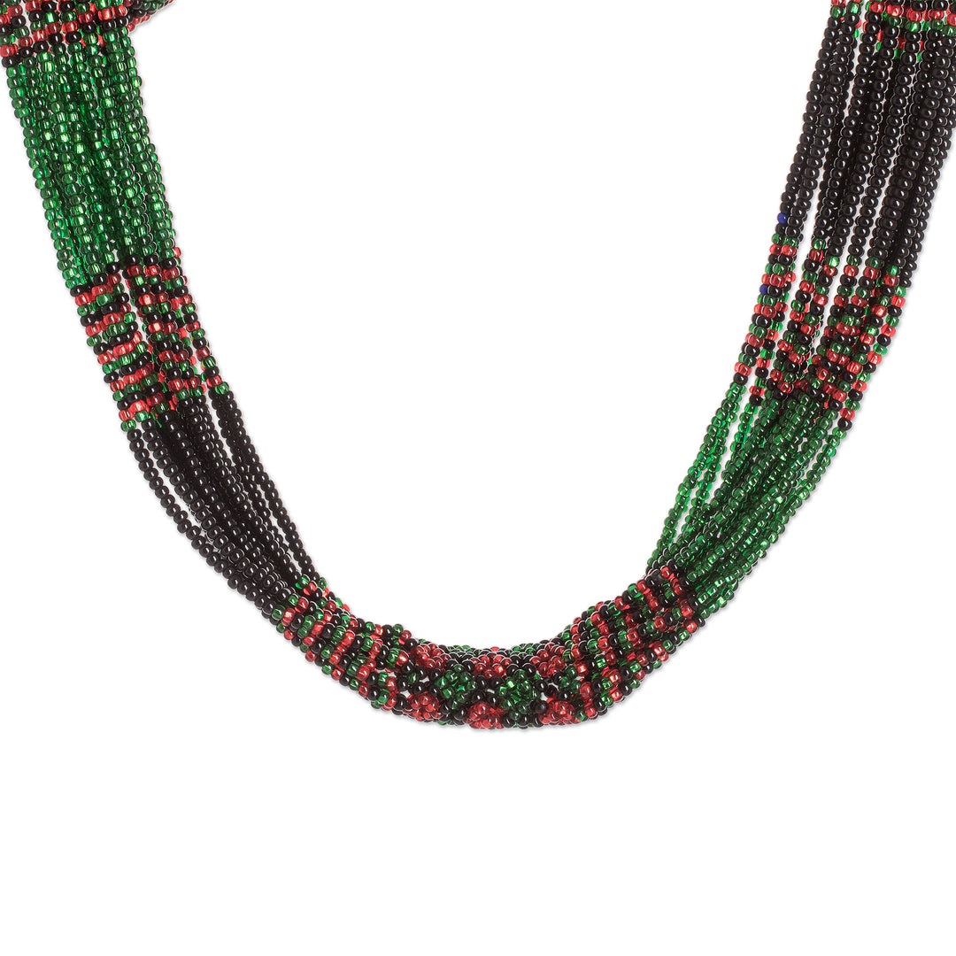 Multi-Strand Beaded Necklace in Green Red and Black - Harmony in Green
